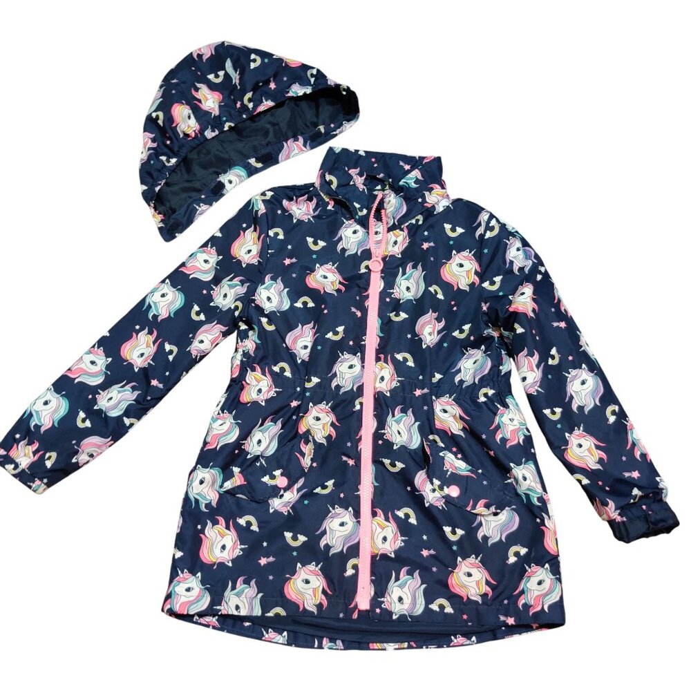 H&M 8-9Y Unicorn Lightweight Girls Jacket Navy Rainbow Detachable Hood Jacket
